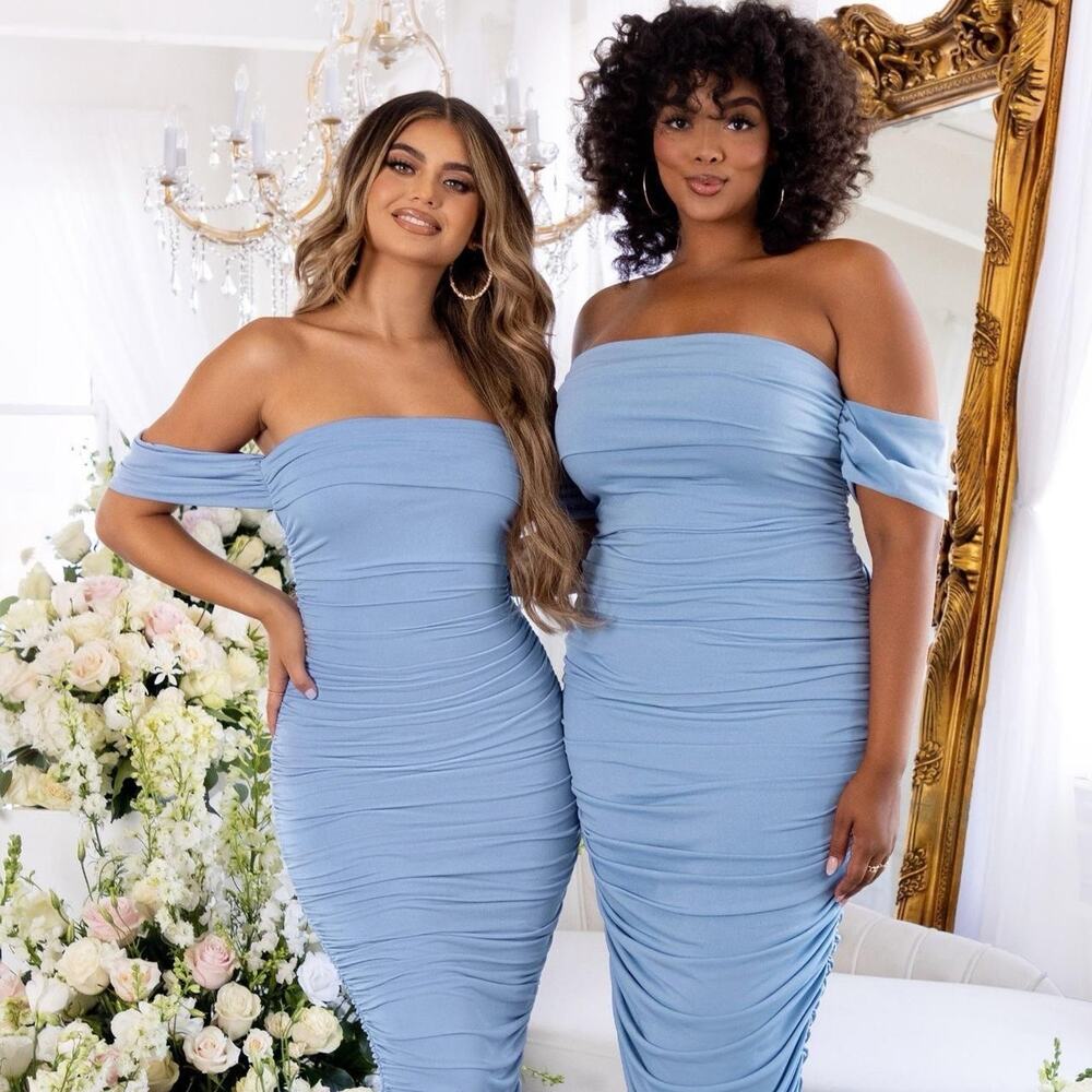 Club L Lost For Love Bardot Baby Blue Draped Midi Dress Off The Shoulder 12